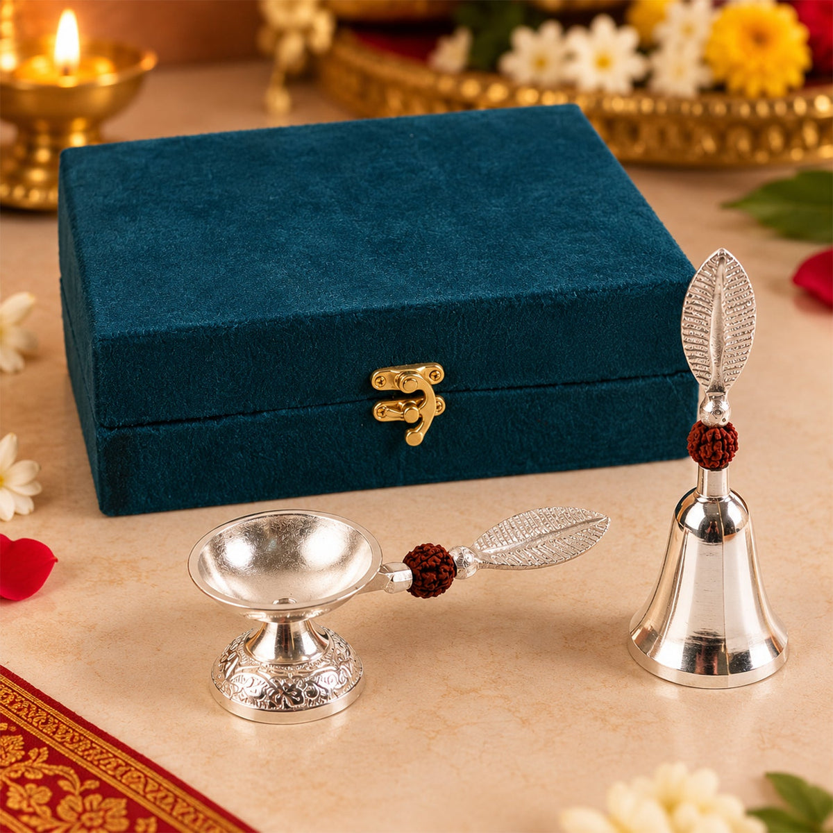 Silver Finish Pooja Bell And Diya Set With Leaf Handles And Box (1 Set)