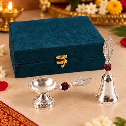 Silver Finish Pooja Bell And Diya Set With Leaf Handles And Box (1 Set)