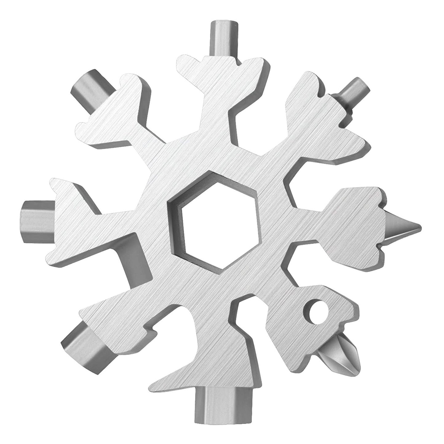 Wukusy 1787 Snowflake Multi-tool stainless steel snowflake-shaped bottle opener and hardware tool on a plain background.