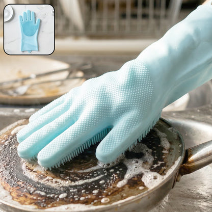 Wukusy multipurpose silicone dishwashing glove with built-in scrubber brush for effective cleaning and scrubbing.