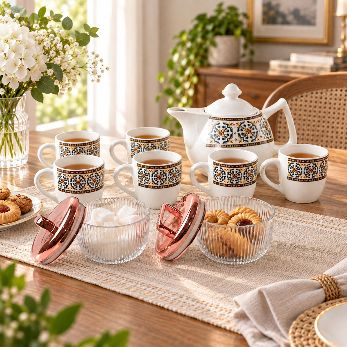 Wukusy tea gift set with kettle, six cups, and two dry fruit jars, featuring elegant ceramic design and traditional craftsmanship.