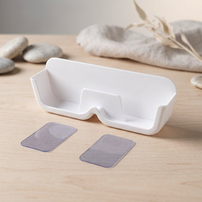 Wall-mounted Wukusy plastic sunglasses holder stand with adhesive, designed to organize eyewear neatly on the wall.