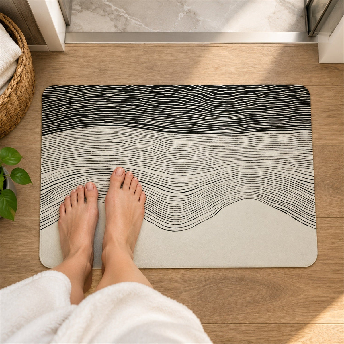 Wukusy absorbent bathroom mat with abstract wave line print, quick-dry cotton, 60x40 cm, in a modern bathroom setting