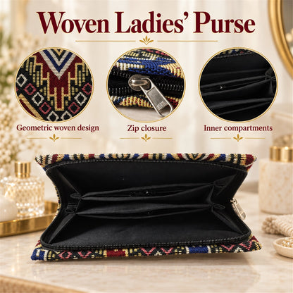 Wukusy traditional geometric woven clutch wallet with zipper, compact 25x12 cm purse featuring colorful woven patterns and a secure zipper closure.