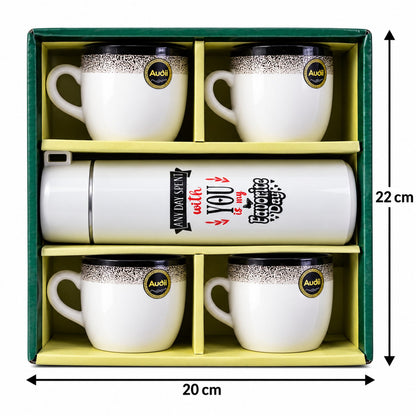 Wukusy bottle and mug gift set featuring one flask bottle and four tea and coffee mugs, ideal for gifting or everyday use
