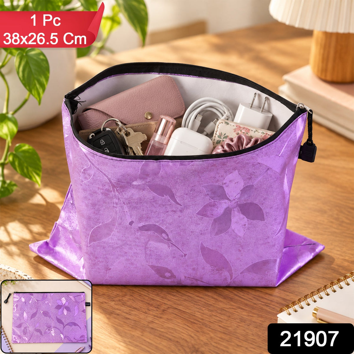 Wukusy zippered travel organizer bag for toiletries and accessories, 38x26.5 cm, with multiple compartments for convenient packing.