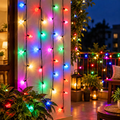 Wukusy decorative LED string lights on a window, 8 meters long, for festive home and holiday decor with warm, glowing bulbs.