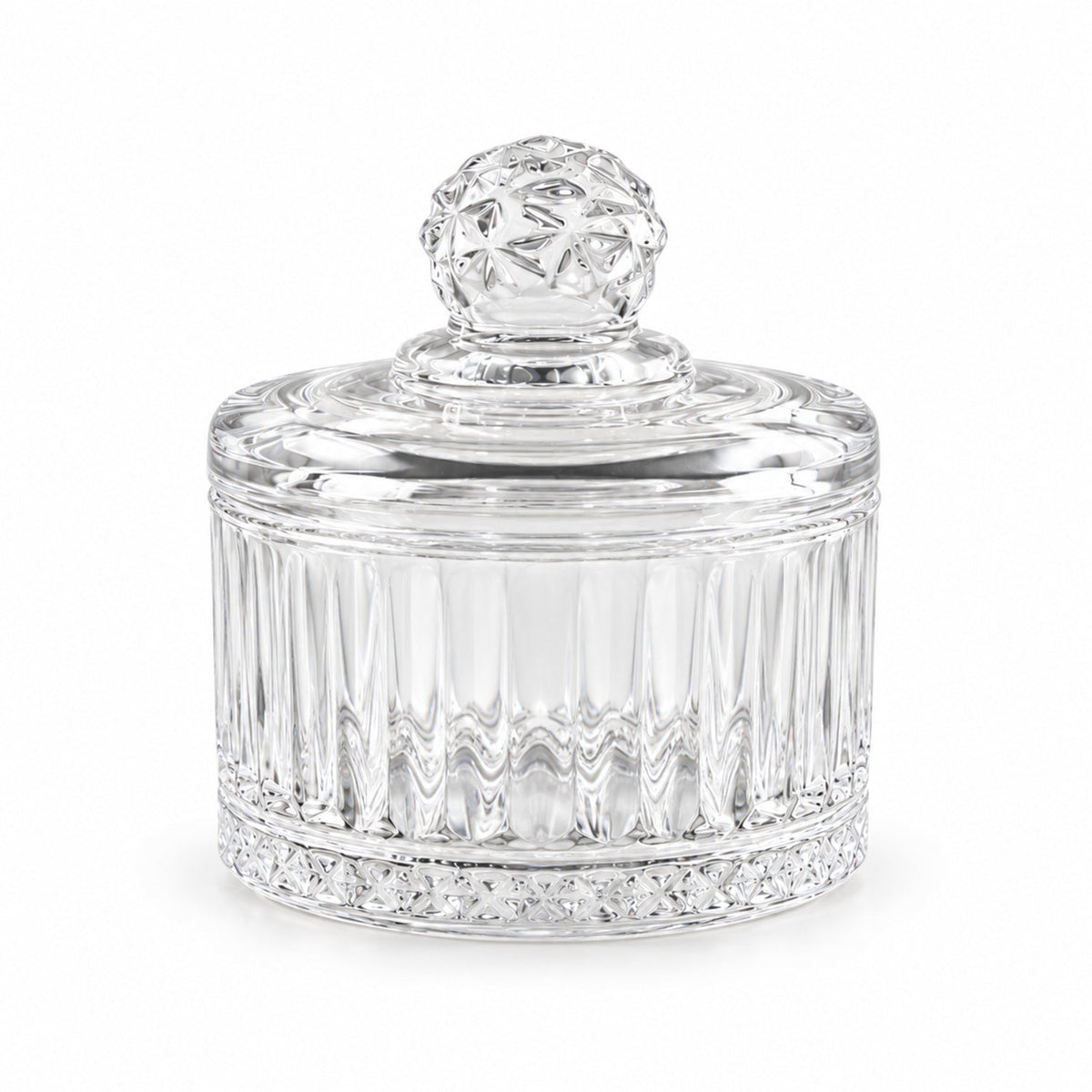Clear ribbed glass candy bowl with lid by Wukusy, perfect for sweets and table display, featuring a transparent design and elegant shape.