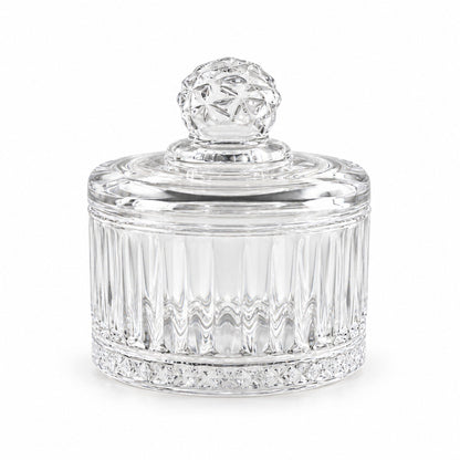 Clear ribbed glass candy bowl with lid by Wukusy, perfect for sweets and table display, featuring a transparent design and elegant shape.