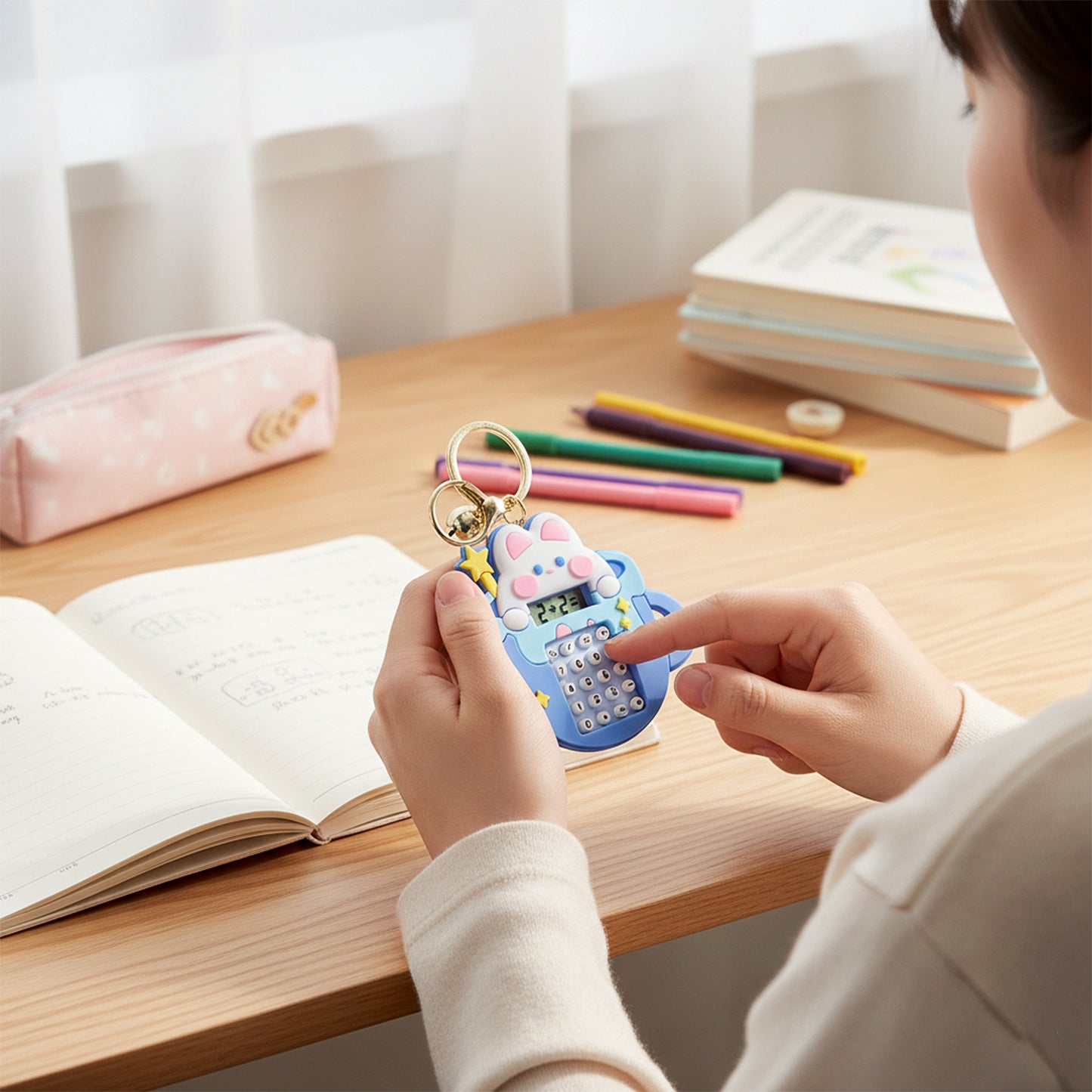 Wukusy cute cartoon bunny calculator keychain with mini digital display, featuring a playful bunny design and compact size.