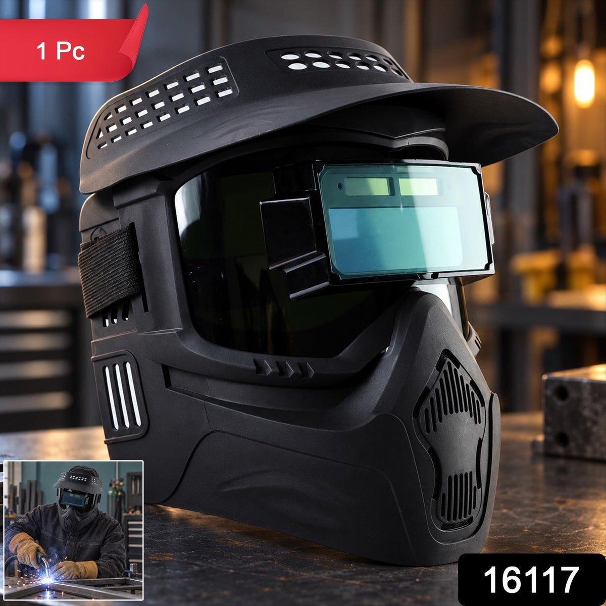 Wukusy automatic dimming welding mask with solar-powered filter, showing the mask's adjustable viewing area and head strap.