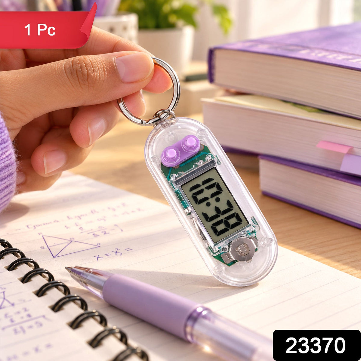 Transparent digital clock keychain by Wukusy with LCD display showing time, compact and portable for everyday use.