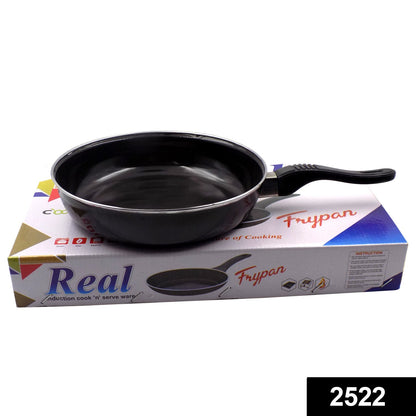 Wukusy 2522 non-stick gas-compatible fry pan without lid, showing a black frying pan with a handle on a kitchen surface.