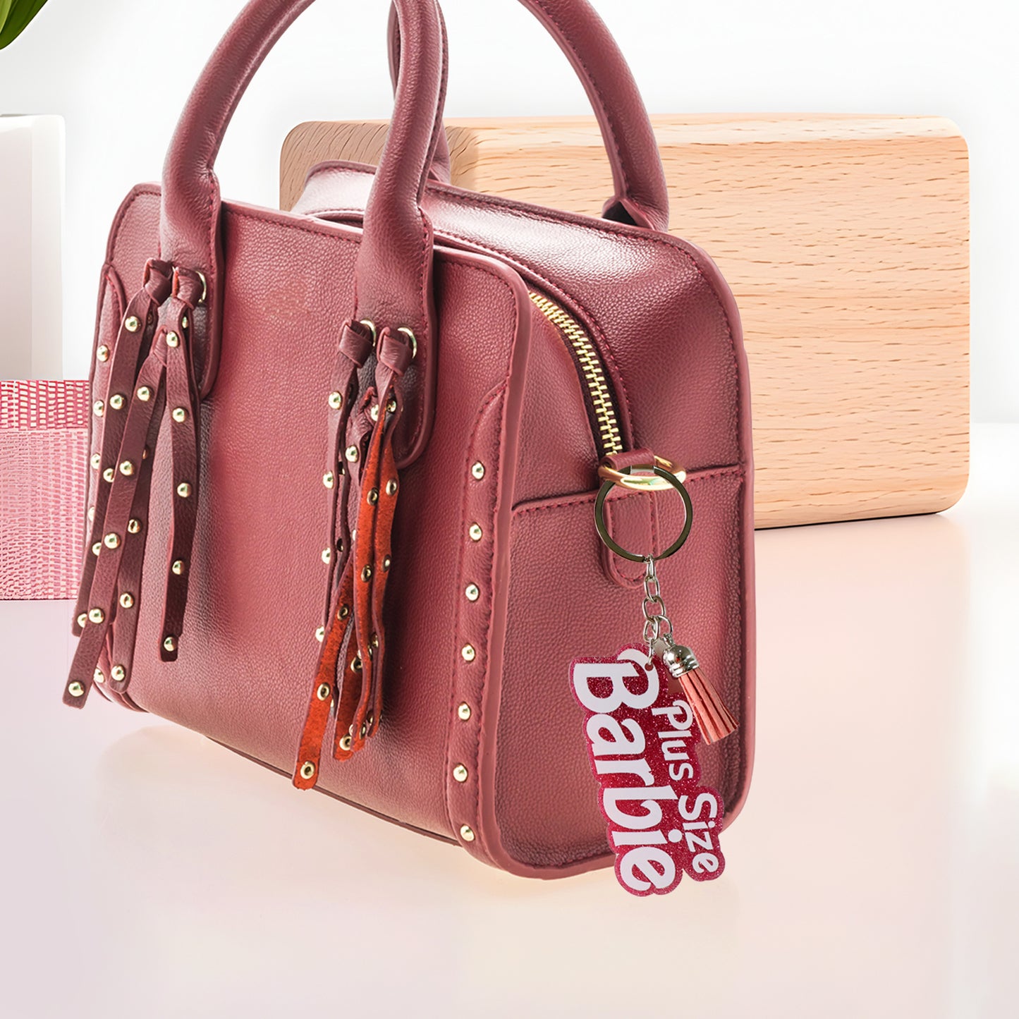 Text Keychain With Glitter Finish And Tassel Charm (1 Pc)