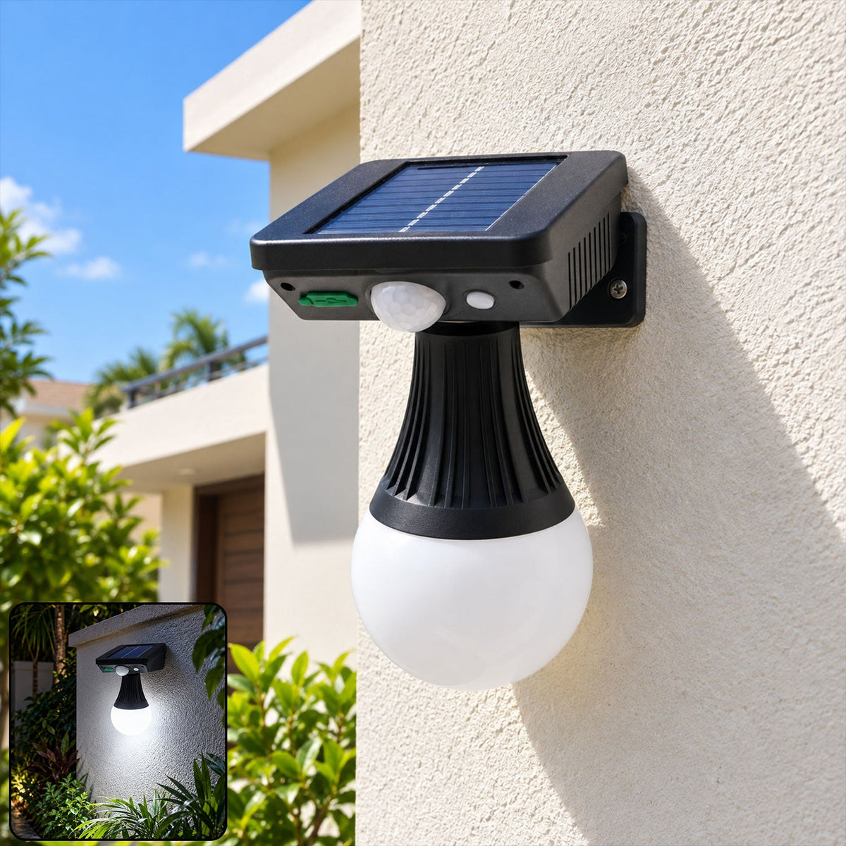 Wukusy 200W solar motion sensor wall light with frosted bulb, ideal for porch and garden illumination, mounted on wall.