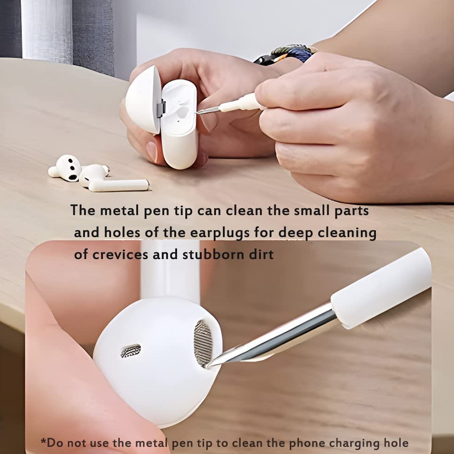 Wukusy 6188 3-in-1 earbuds cleaning pen for ear buds and earphones, featuring compact design with cleaning tools for safe, easy maintenance.