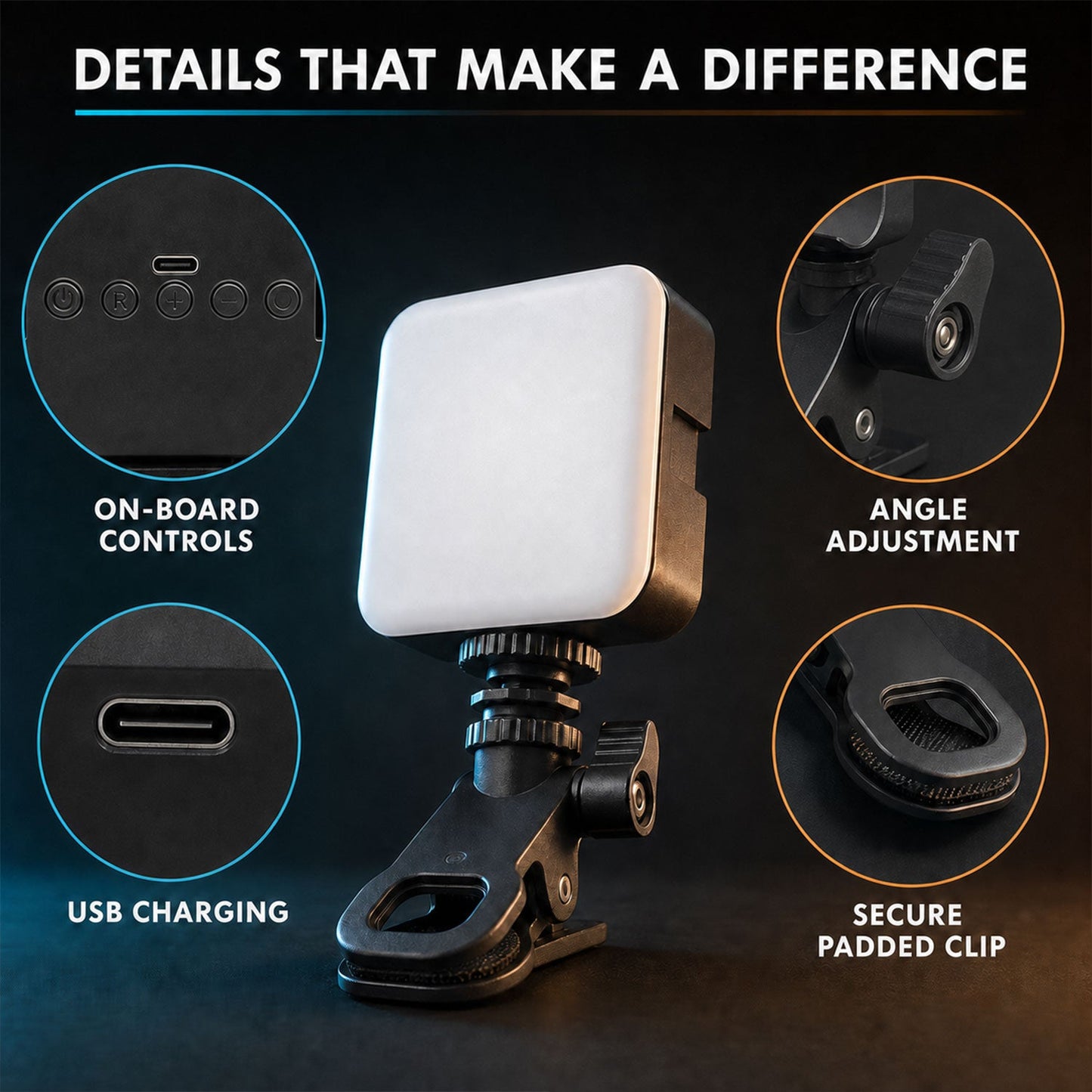 Portable Rechargeable Rgb Camera Led Light With Clip Mount For Content Creation