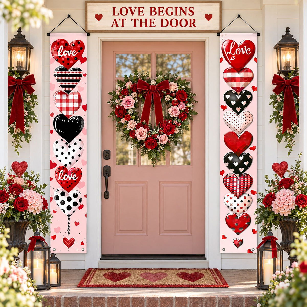 Wukusy love heart printed door hanging backdrop curtains, 2-piece set, 180x30 cm, decorative fabric for door or room decor