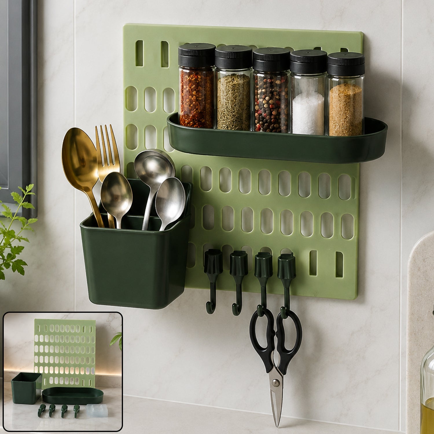 Plastic Wall Mounted Pegboard Kitchen Organizer With Hooks And Tray Set (1 Set)