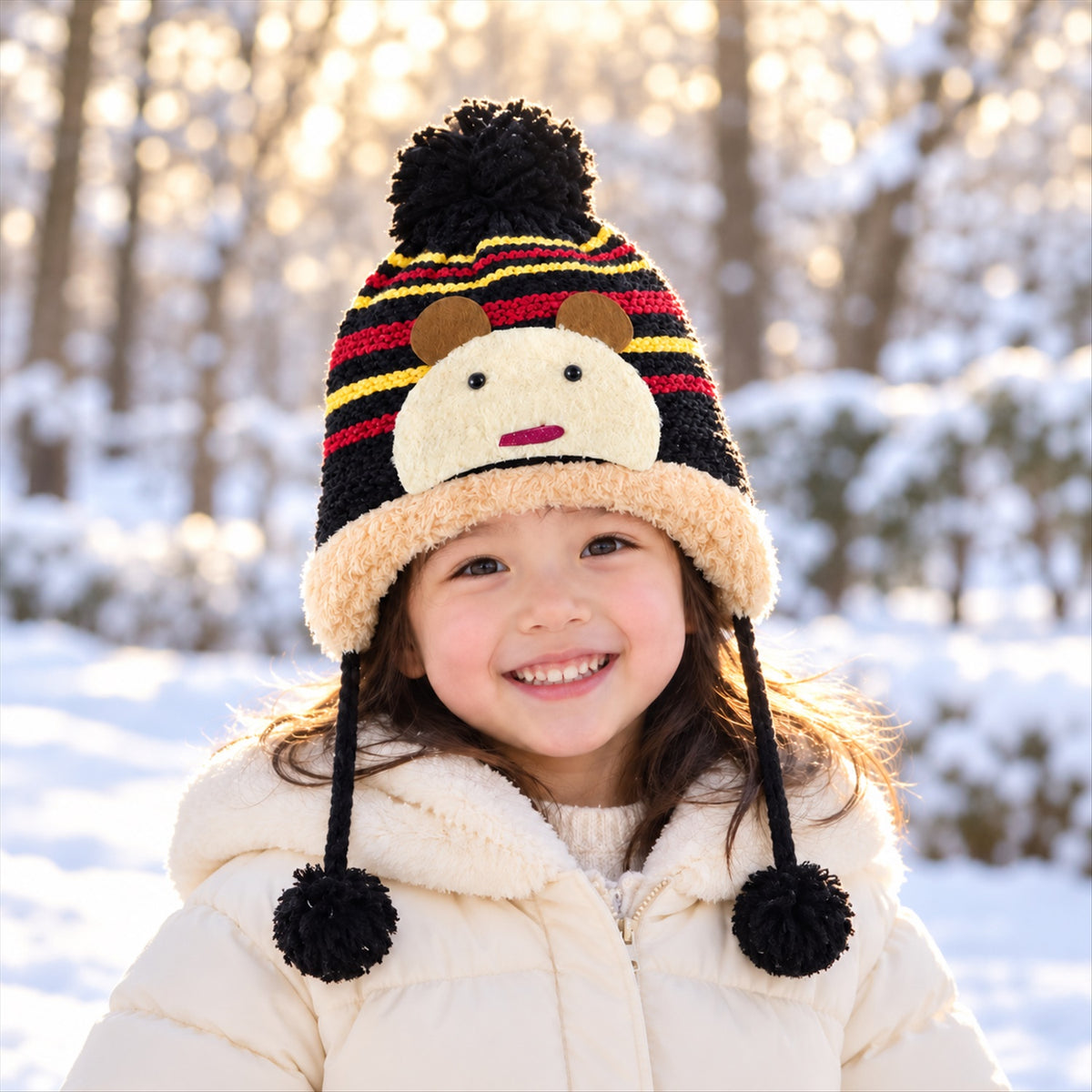 Kids Warm Knitted Winter Caps With Plush Lining And Cartoon Detail (1 Pc)