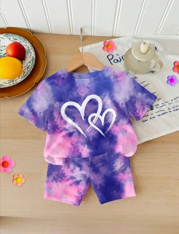 Kids Tie-Dye Heart Print Summer Set  Purple & Pink Tie-Dye T-Shirt and Shorts Set