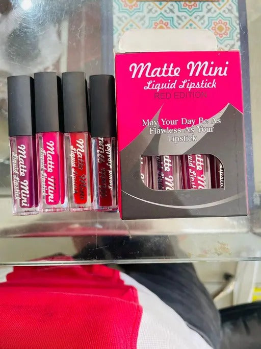 Set of four matte mini liquid lipsticks by Drpshippr, featuring a variety of shades in sleek, compact packaging.