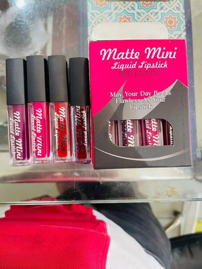 Set of four matte mini liquid lipsticks by Drpshippr, featuring a variety of shades in sleek, compact packaging.