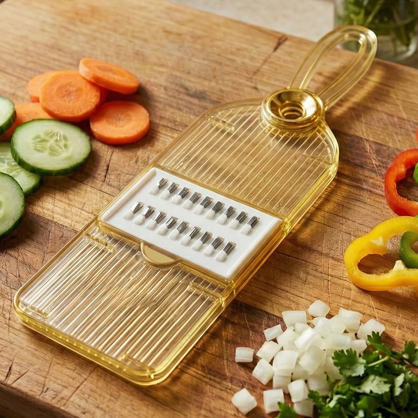 Wukusy handheld vegetable cutter and slicer, multipurpose veggie chopper with stainless steel blades for kitchen food prep.