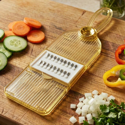 Wukusy handheld vegetable cutter and slicer, multipurpose veggie chopper with stainless steel blades for kitchen food prep.