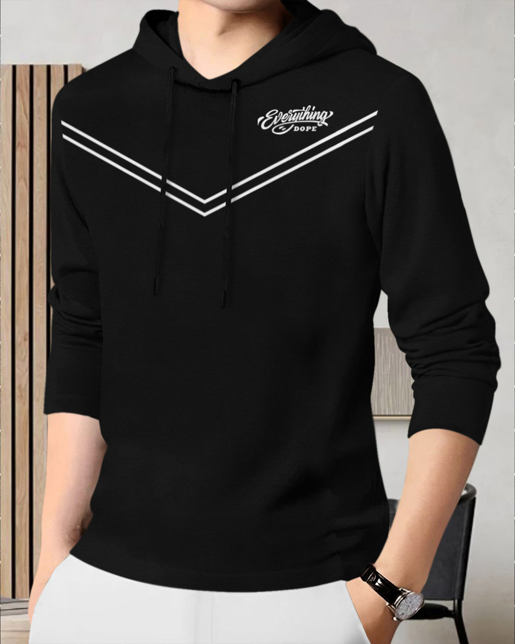 Black men's full sleeve hooded T-shirt from Drpshippr's Everything Dope Model collection, featuring casual, comfortable style.