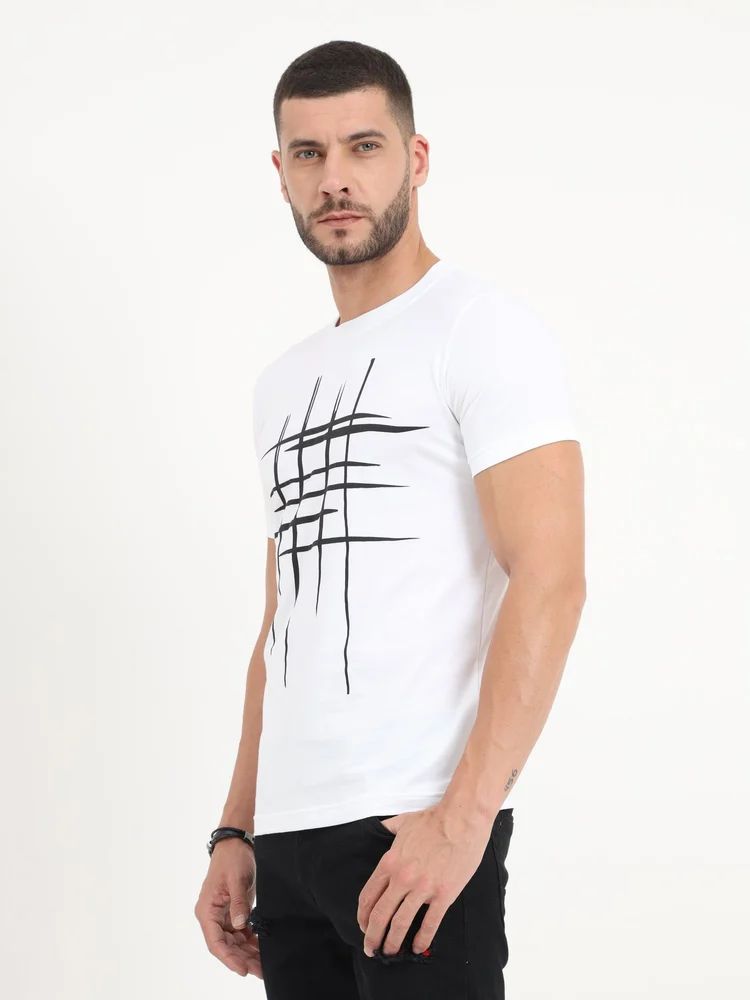 Men's white organic cotton T-shirt with printed round neck design from Drpshippr's men's collection.