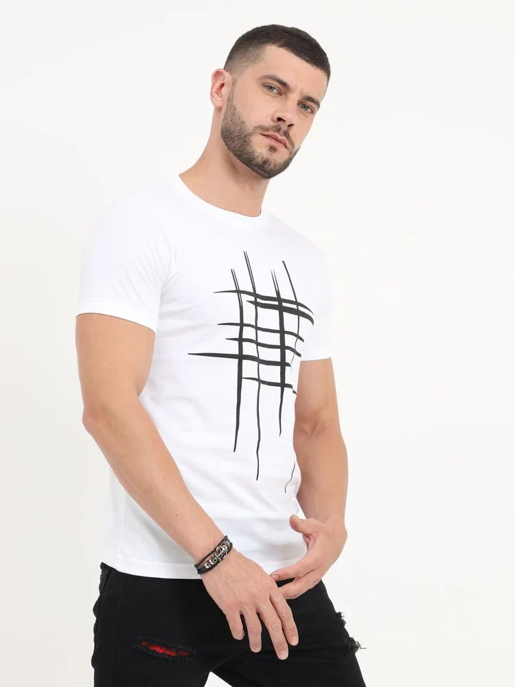 Men's white organic cotton T-shirt with printed round neck design from Drpshippr's men's collection.