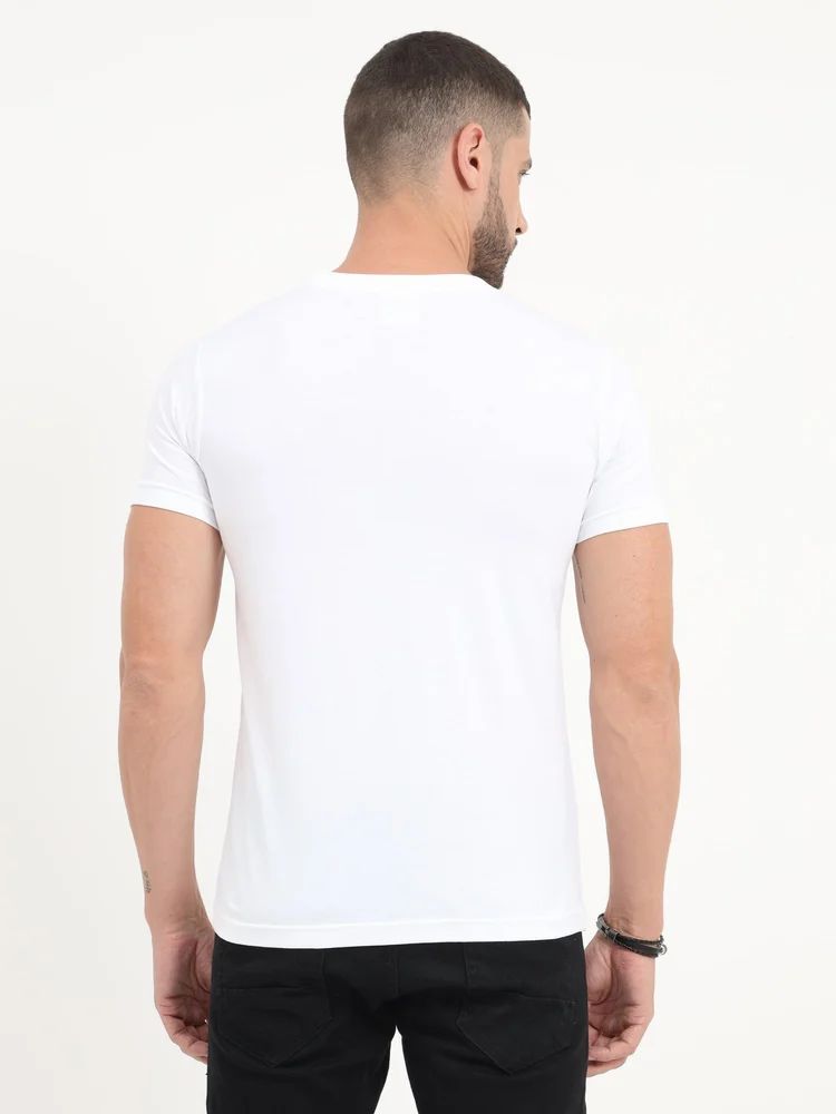 Men's white printed round neck T-shirt from Drpshippr, made of organic cotton, part of the men's collection.
