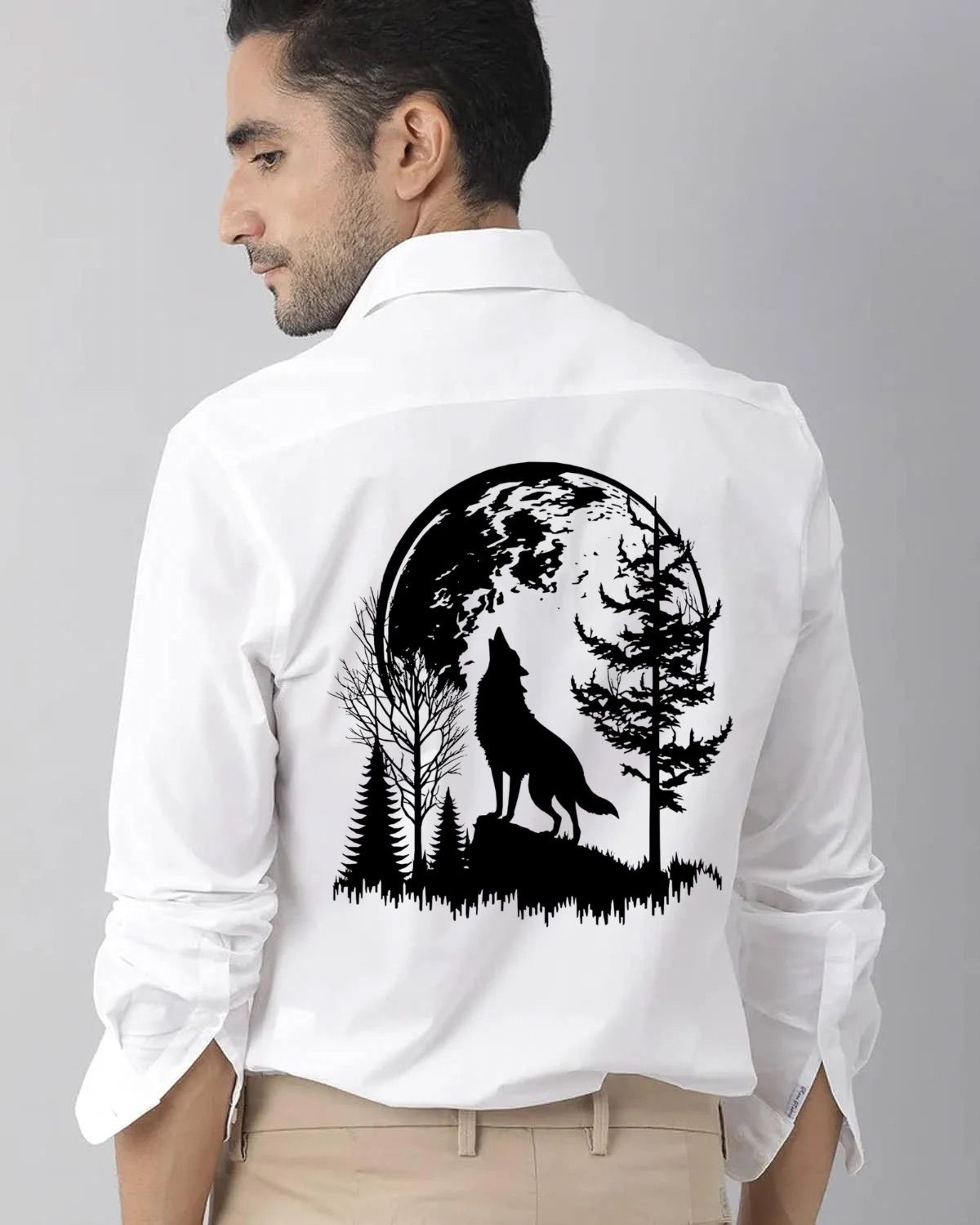 Men's regular fit casual shirt with wolf and tree print from Drpshippr's men's collection, featuring a stylish and comfortable design.