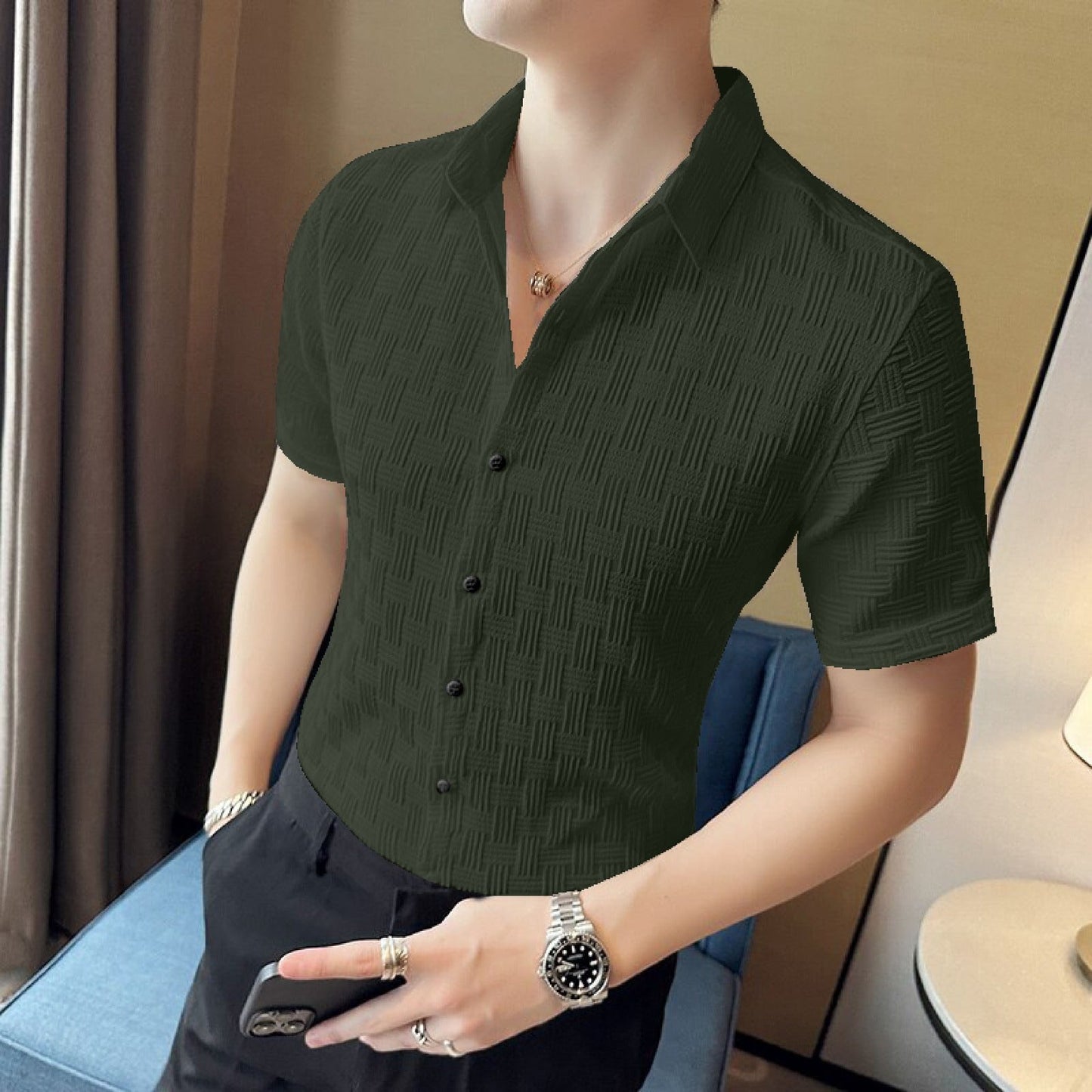 Men Regular Fit Shirt with Spread Collar