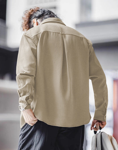 Men's regular fit shirt with spread collar, part of Drpshippr's men's collection, shown in a close-up image.