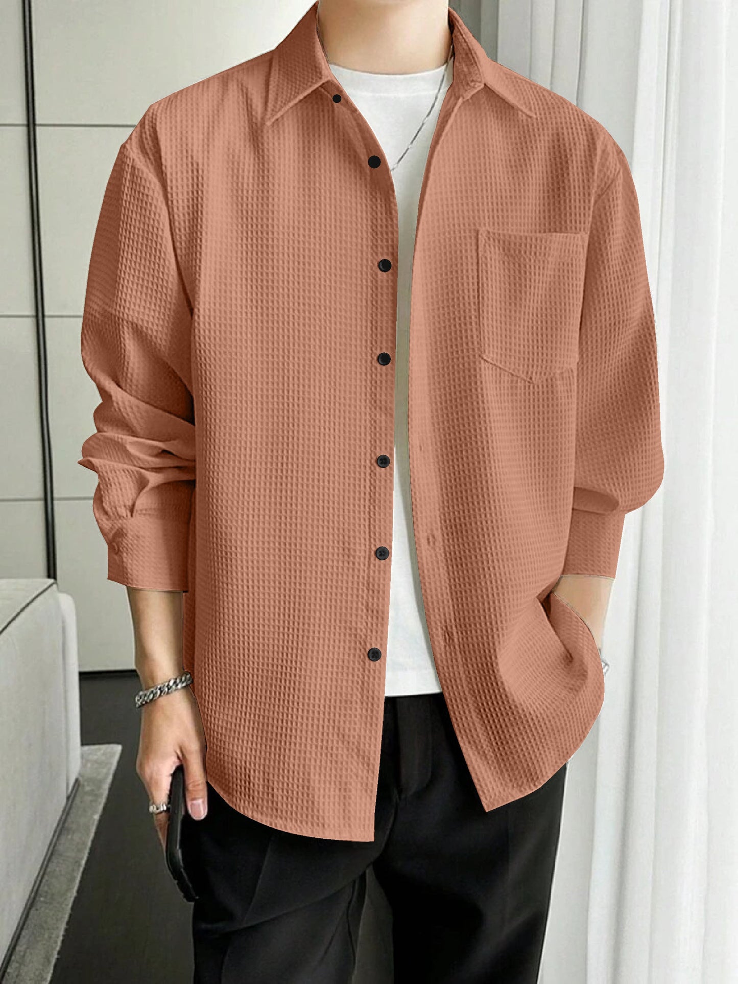 Men's regular fit shirt with spread collar from Drpshippr, shown in a classic style with button-down front and long sleeves.