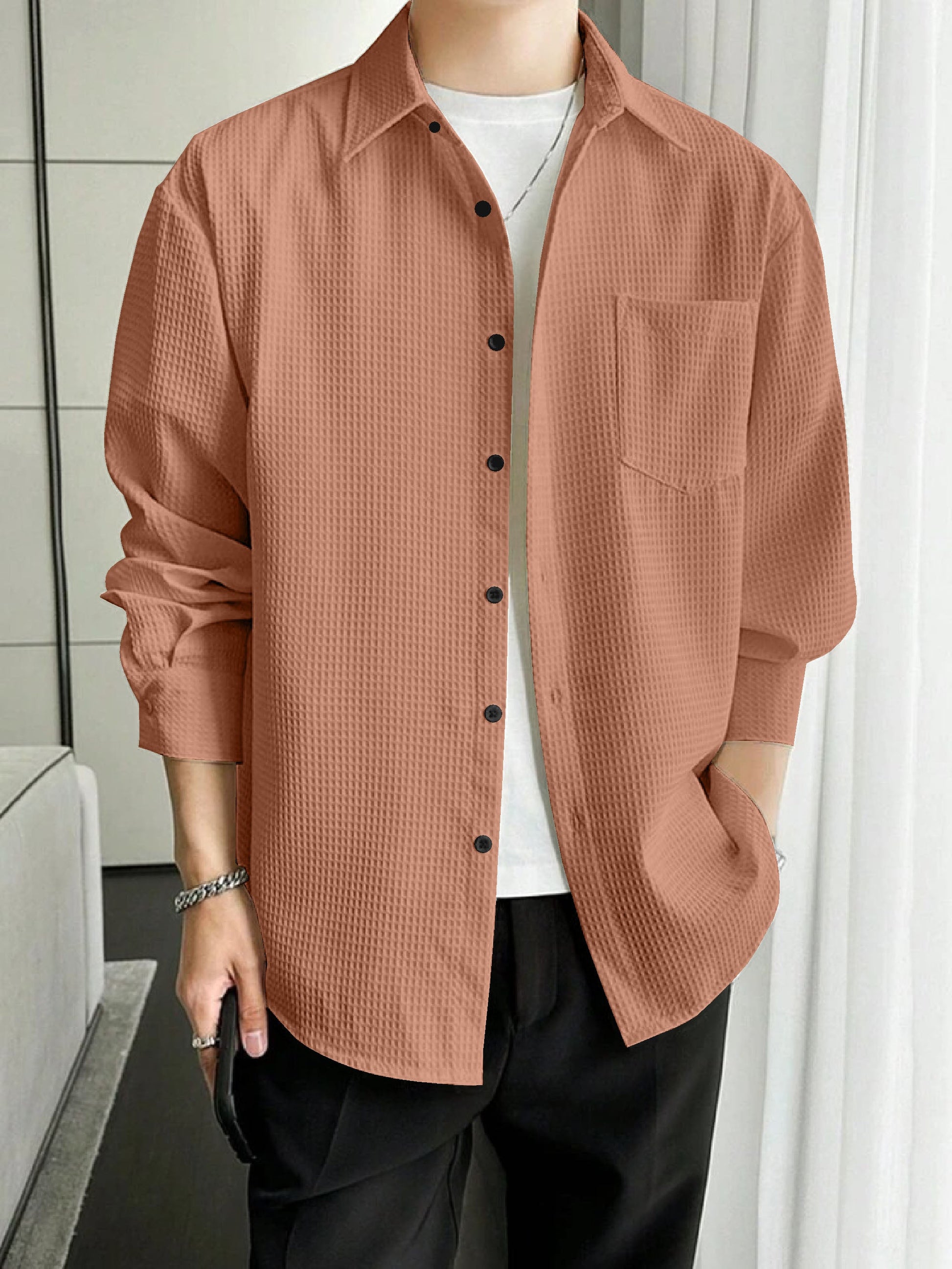 Men's regular fit shirt with spread collar from Drpshippr, shown in a classic style with button-down front and long sleeves.