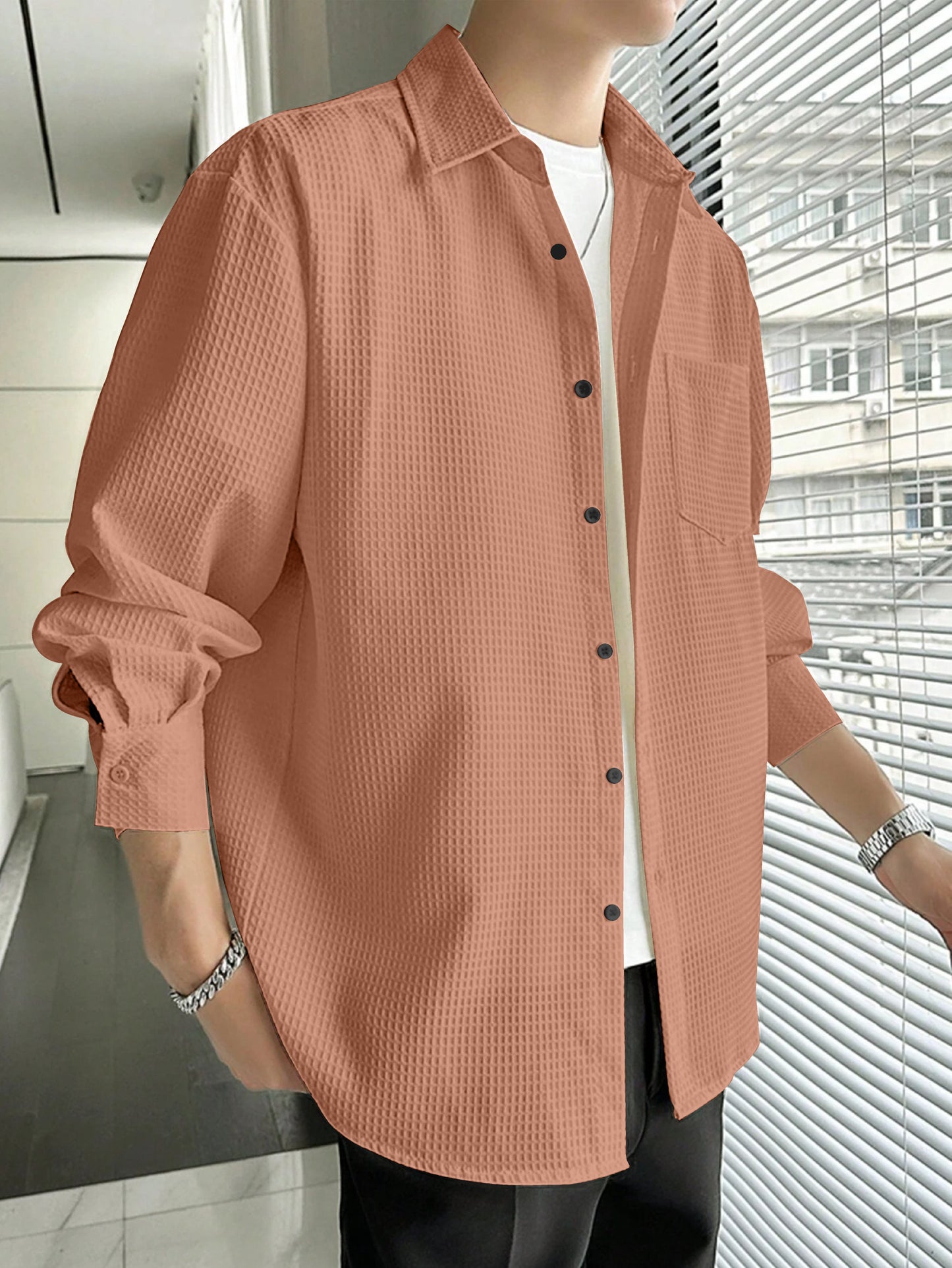Men's regular fit shirt with spread collar from Drpshippr, showcasing the stylish collar and comfortable fit in a casual wear look.