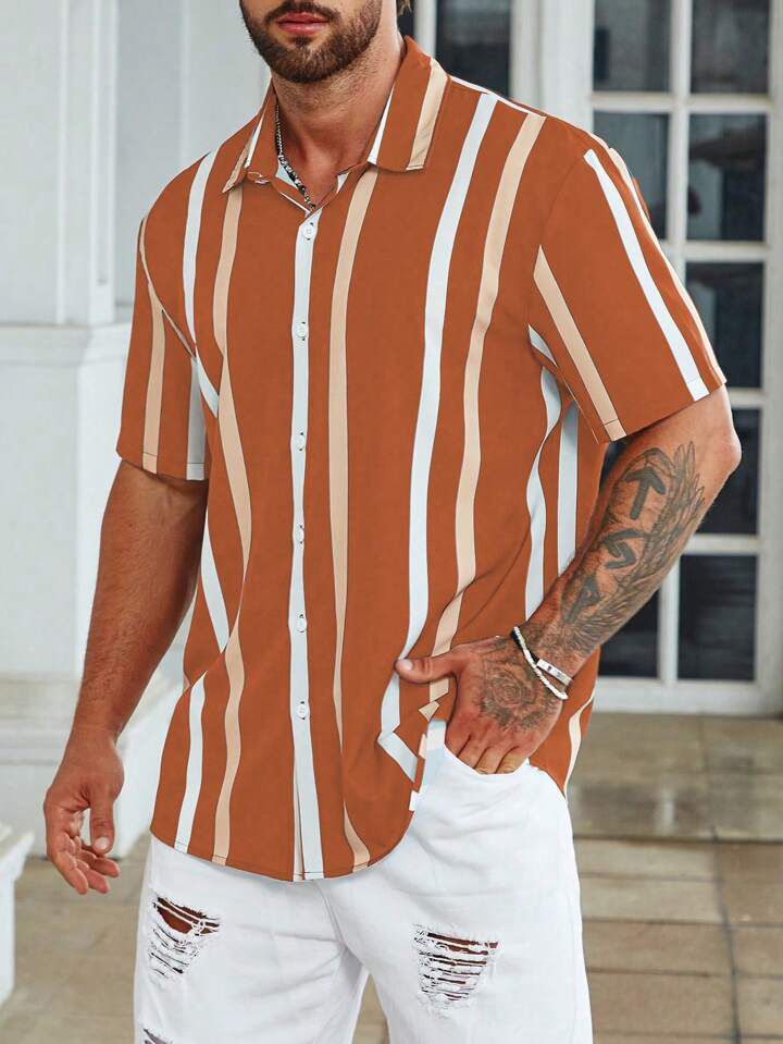 Men's regular fit striped casual shirt with button-down collar from Drpshippr, featuring a classic design and comfortable fit.