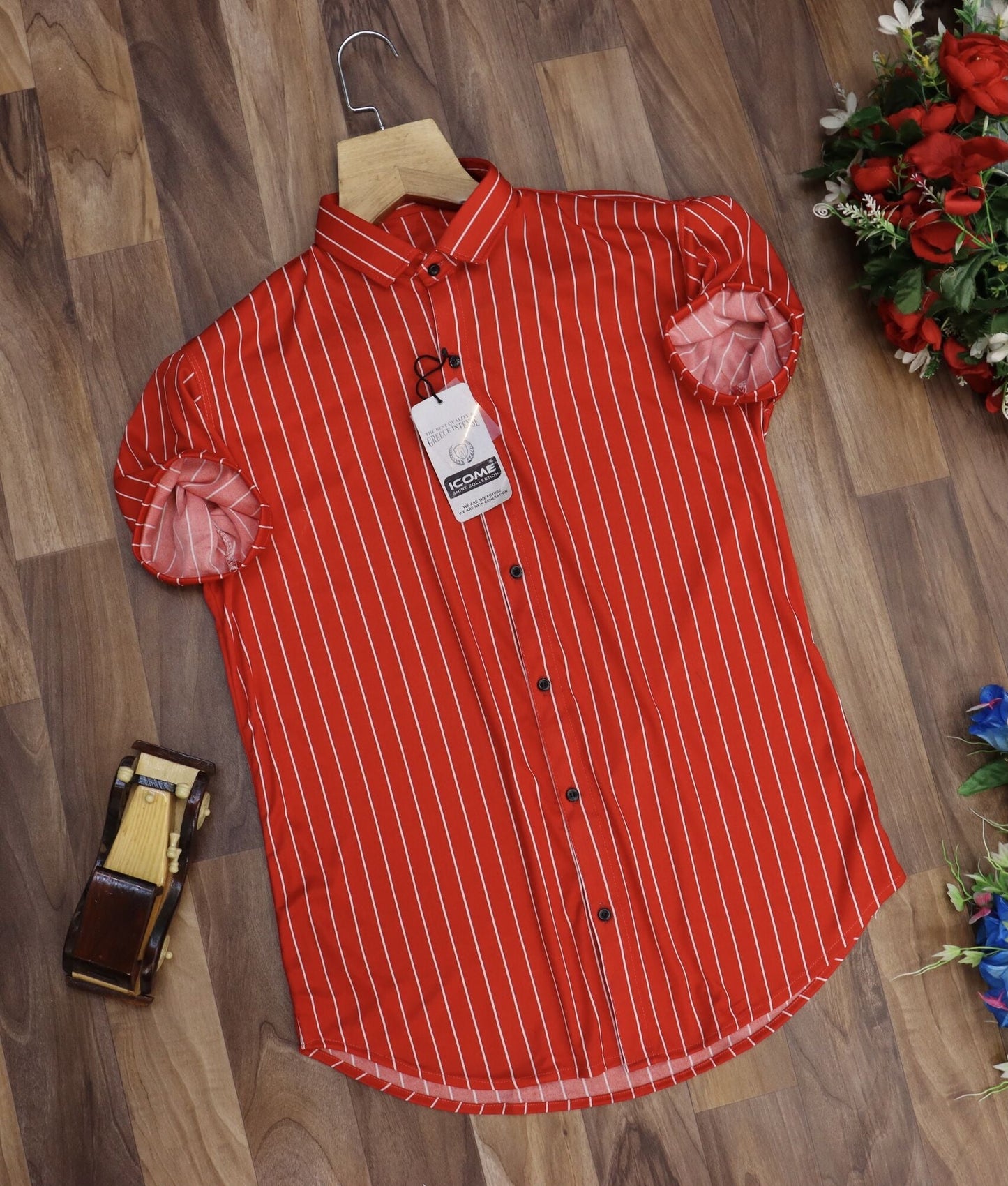 Men's regular fit striped casual shirt with button-down collar from Drpshippr's men's collection, featuring vertical stripes and a classic design.