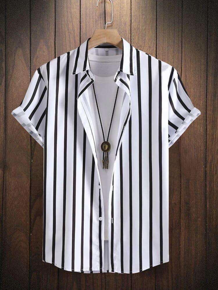 Men's regular fit striped casual shirt with a curved collar from Drpshippr, showcasing a stylish and comfortable design.