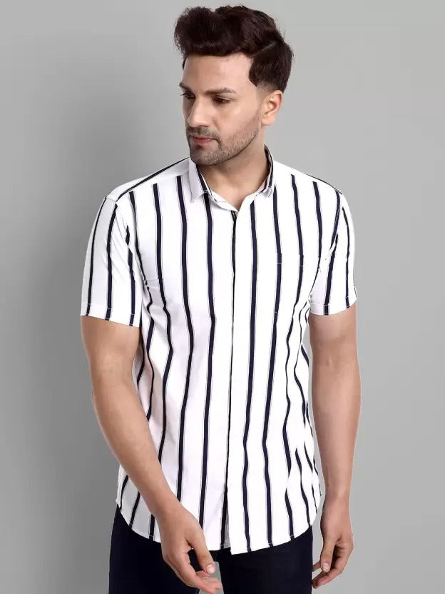 Men's regular fit striped casual shirt with a curved collar from Drpshippr's men's collection, displayed on a mannequin.