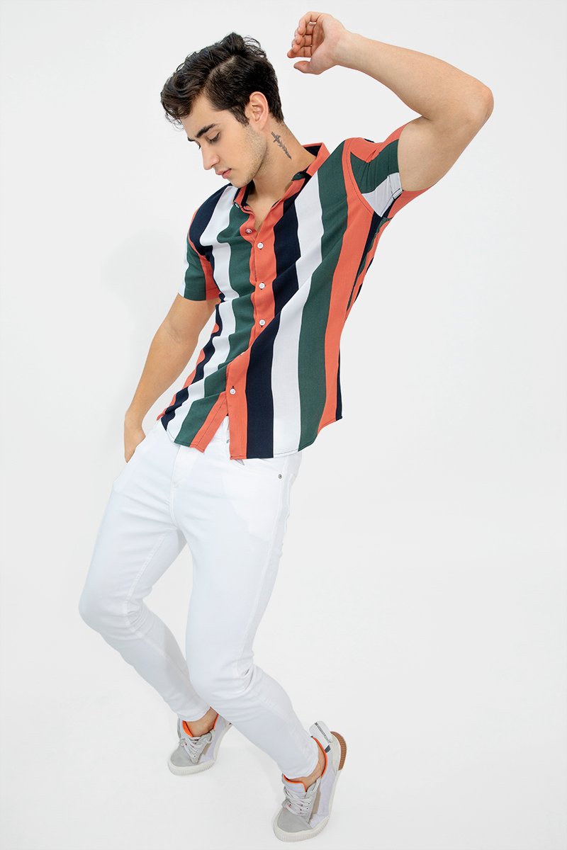 Men's regular fit striped casual shirt with a cut-away collar from Drpshippr, featuring classic design and comfortable fabric.