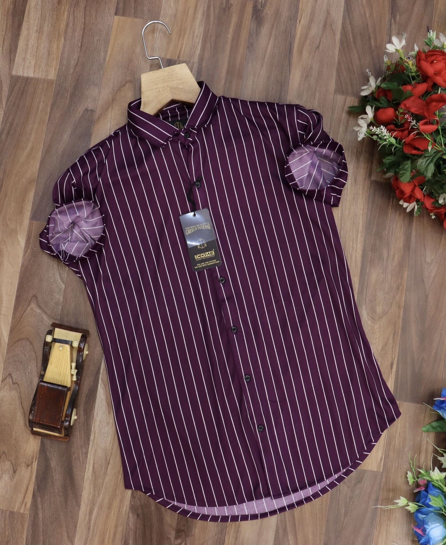 Men's regular fit striped party shirt with ribbed collar from Drpshippr's men's collection, featuring a stylish striped design.