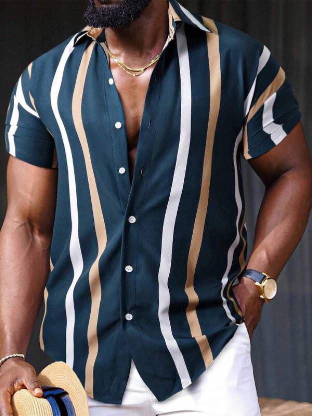 Men's regular fit striped casual shirt with spread collar from Drpshippr, showcasing a stylish, comfortable design in the men's collection.