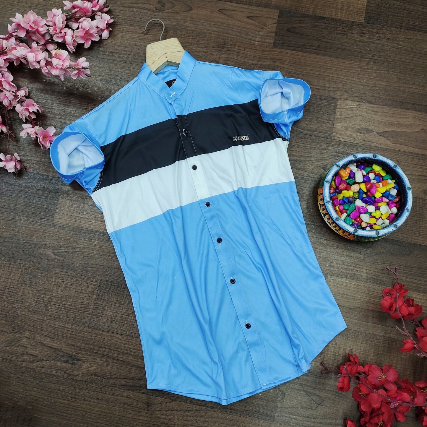 Men's super slim fit color block casual shirt with mandarin collar from Drpshippr, styled for a modern, casual look.