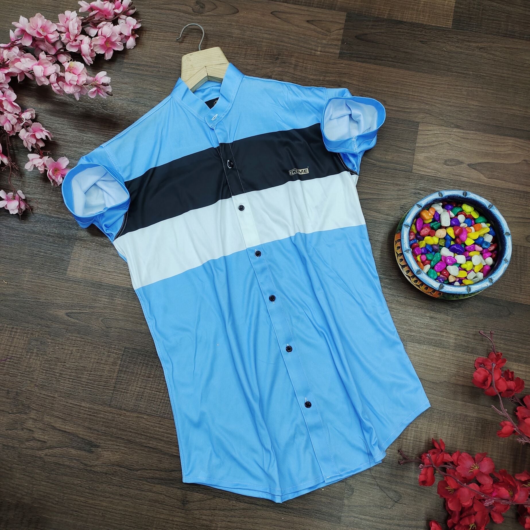 Men's super slim fit color block casual shirt with mandarin collar from Drpshippr, styled for a modern, casual look.