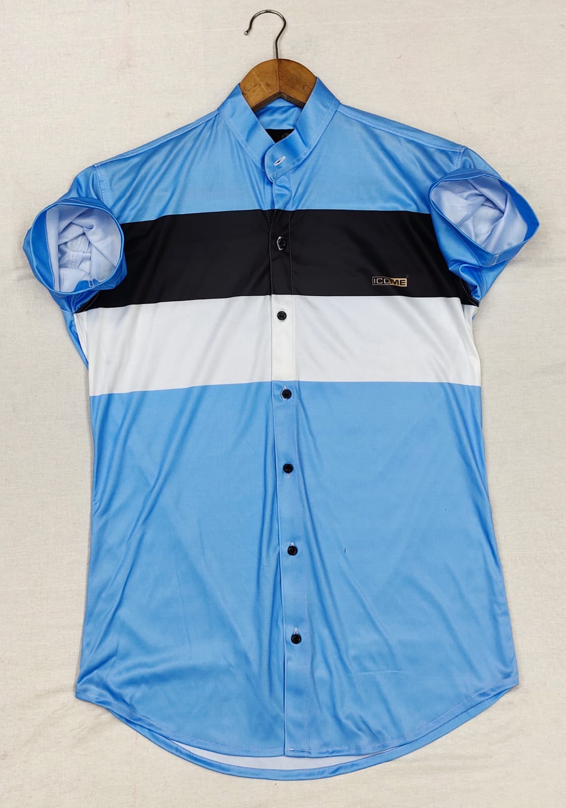 Men's slim fit casual shirt with color block design and mandarin collar from Drpshippr's men's collection.