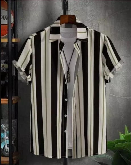 Men's regular fit super slim striped casual shirt with cutaway collar from Drpshippr's men's collection, shown in close-up detail.